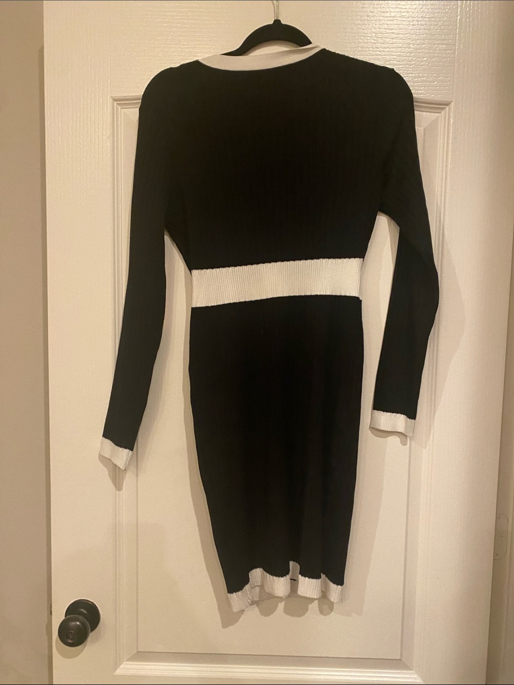 Almost Famous Black and White V-Neck Ribbed Knit Dress with Gold Buttons - Picture 5 of 6